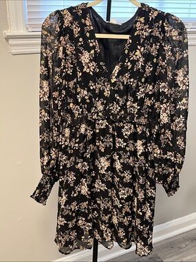 By the  River/Black Floral Long-Sleeve V-Neck Smocked-Waist Dress